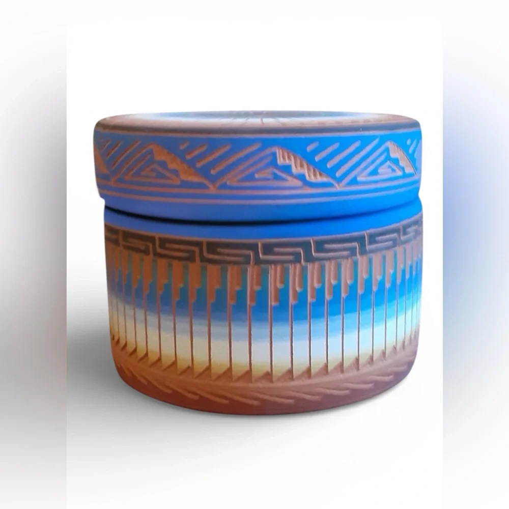 Vintage Navajo Handmade Painted Etched Pottery Container Signed Monisha Etsitty
